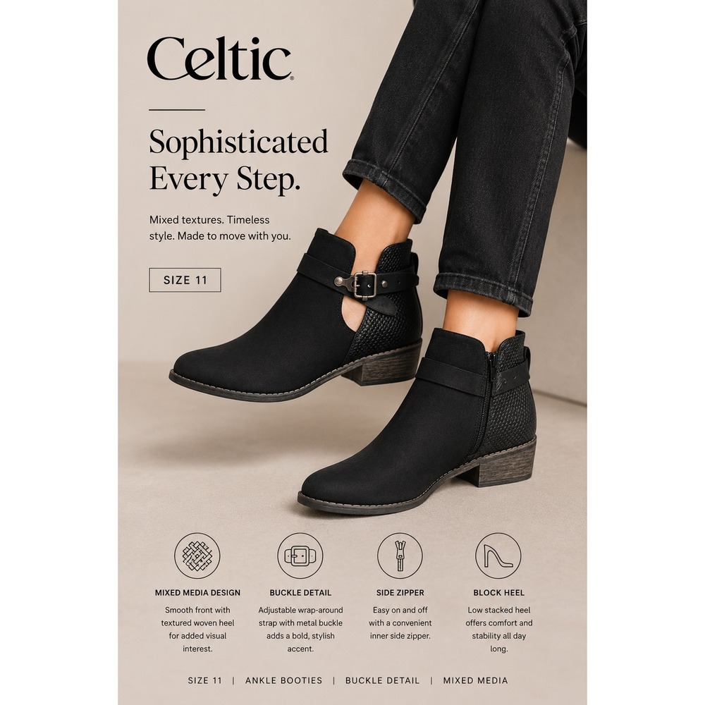 Boutique Corkys Celtic Ankle Booties 11 Black Cutout Buckle‎ Strap Block Heel